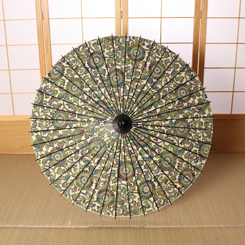『黒竹日傘』ぼかし染め 菊唐草/緑