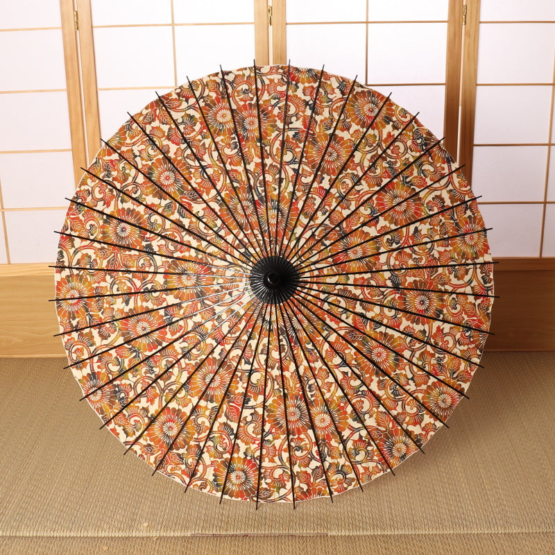 『黒竹日傘』ぼかし染め 菊唐草/朱