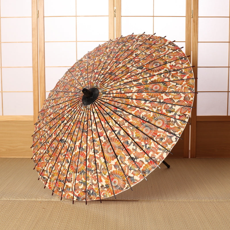 『黒竹日傘』ぼかし染め 菊唐草/朱